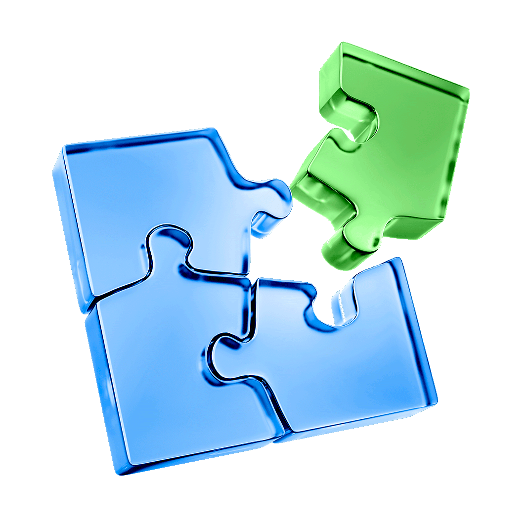 Glass-blue puzzle with one green piece joining