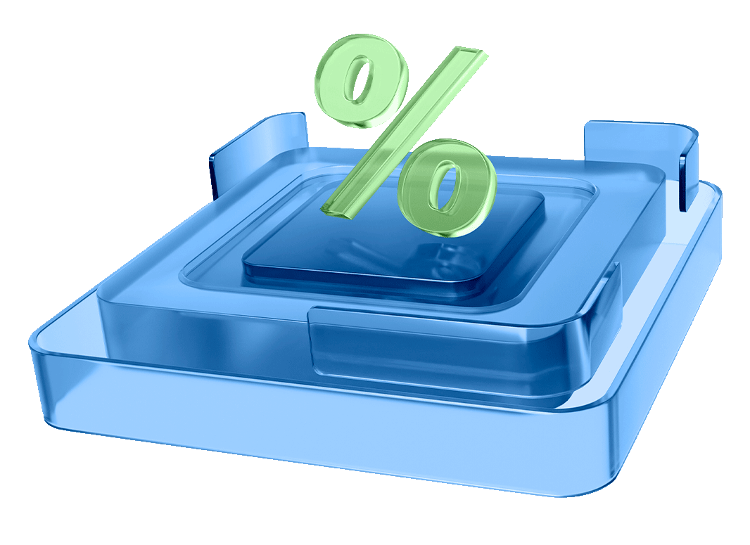 Glass-blue tray with a green percent symbol lifting out